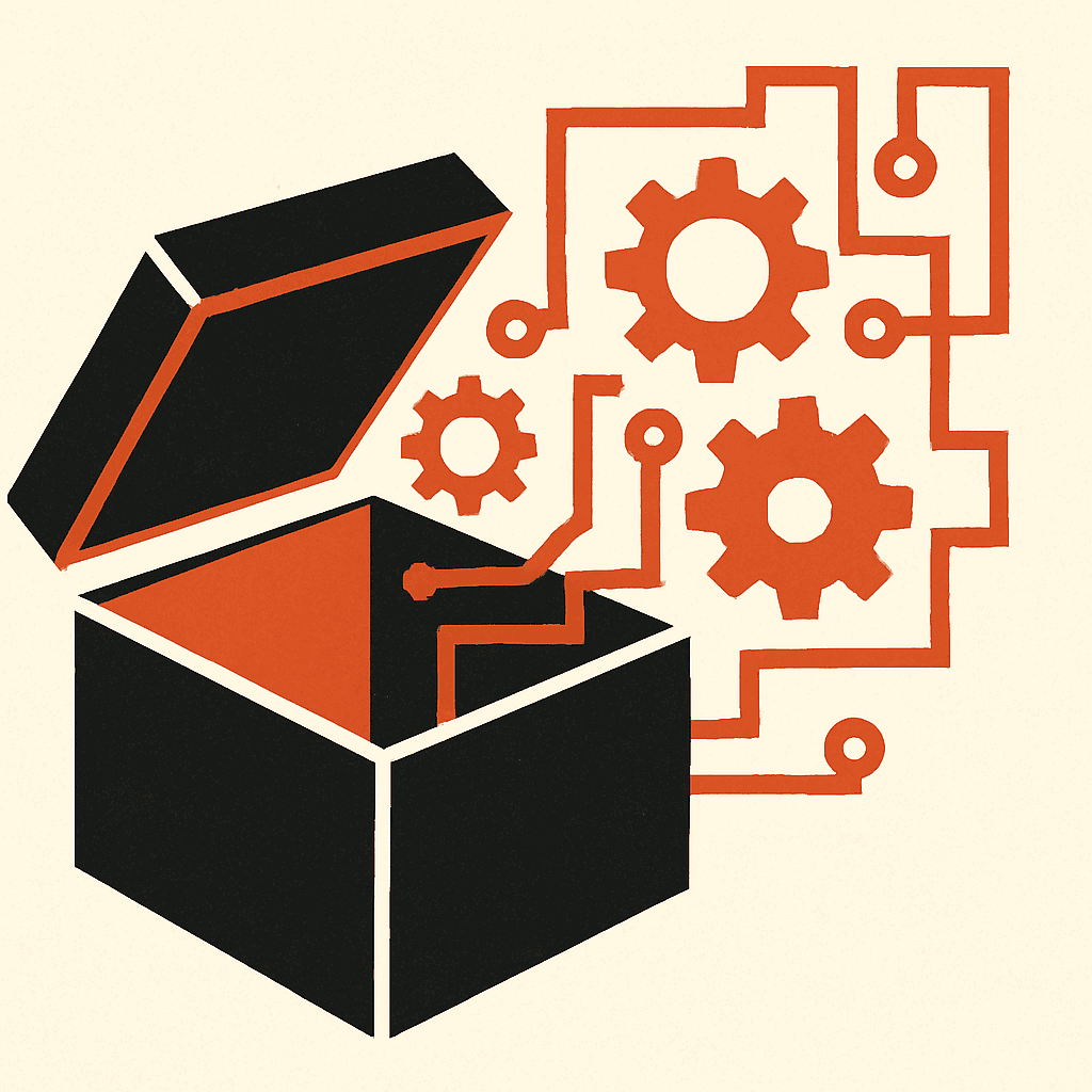 Brutalist illustration of an opened black box revealing its inner logic