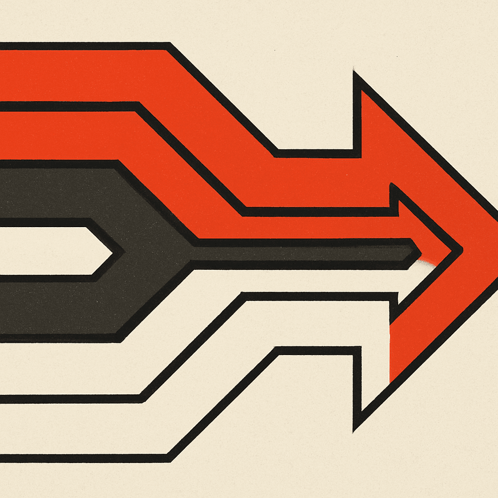 Brutalist illustration of three data streams converging into a single arrow